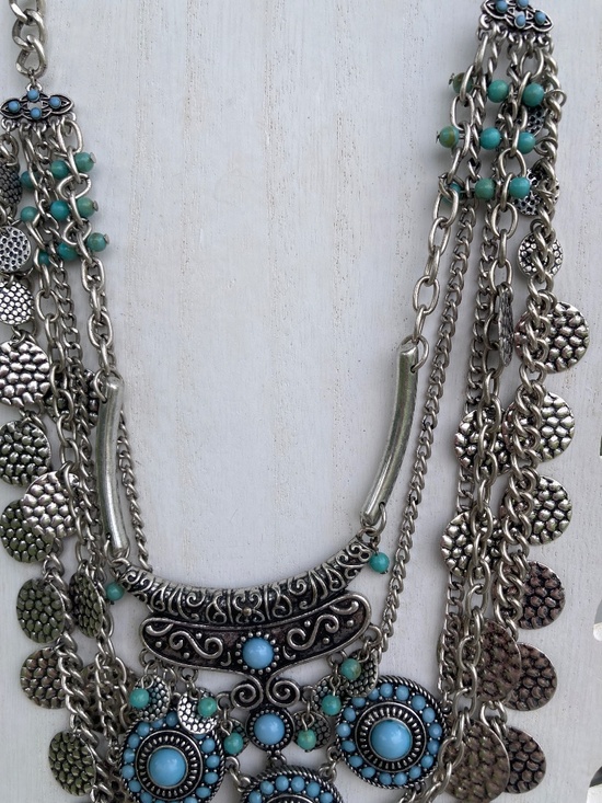Vintage Faux Turquoise Statement Pendant Necklace Silver  Silvertone Statement Necklace Faux Turquoise multi chains 23”